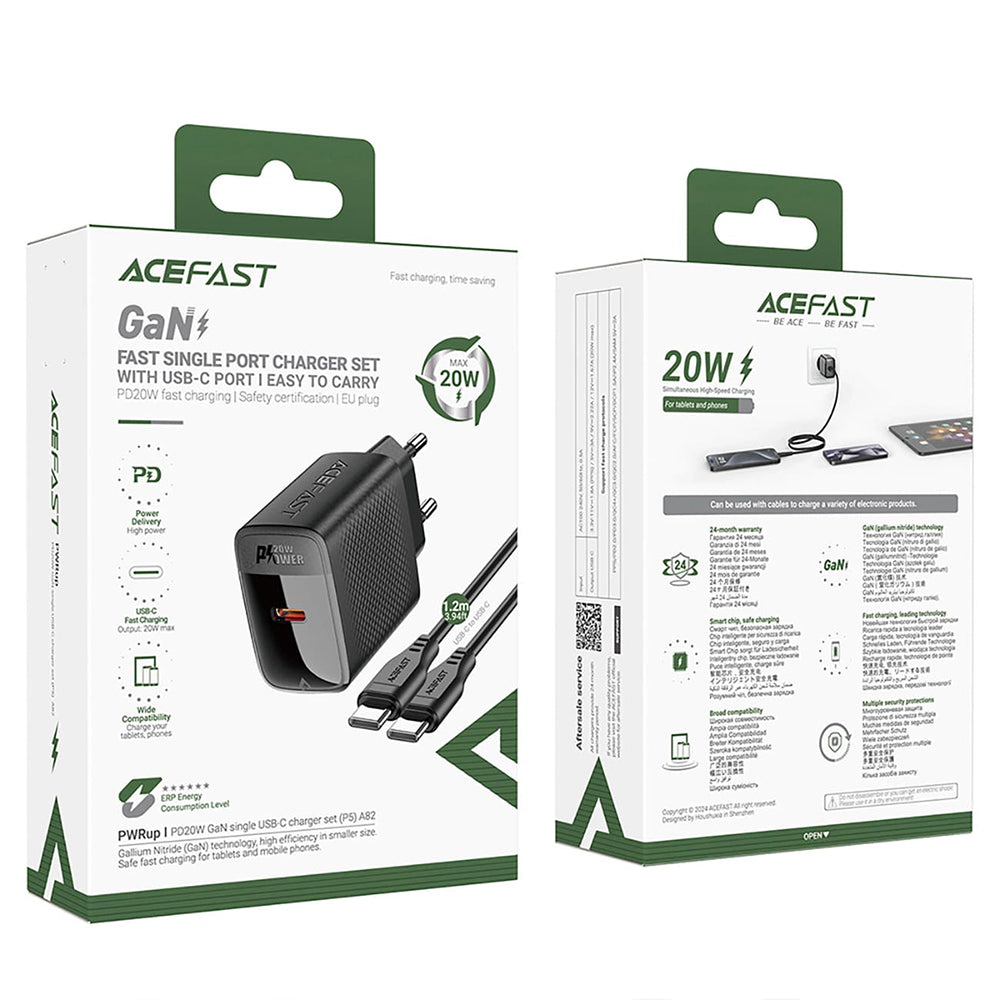 Мрежово зарядно устройство с USB-C кабел Acefast A82, 20W, 3A, 1 x USB-C, Черно