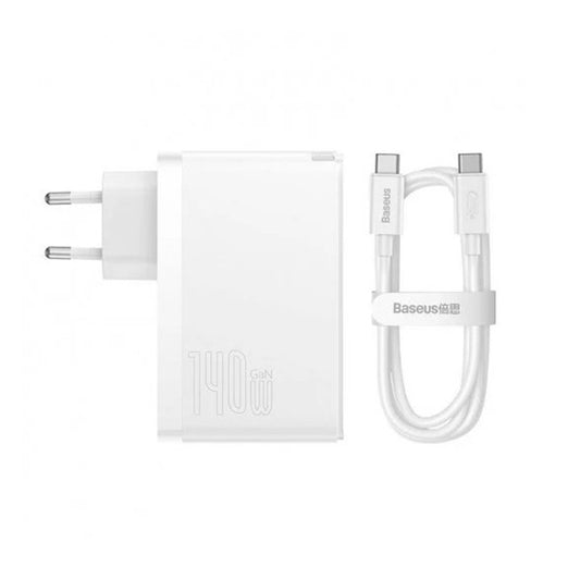 Мрежов зарядно устройство с USB-C кабел Baseus GaN5 Pro, 140W, 5A, 1 x USB-A - 2 x USB-C, Бяло CCGP100202