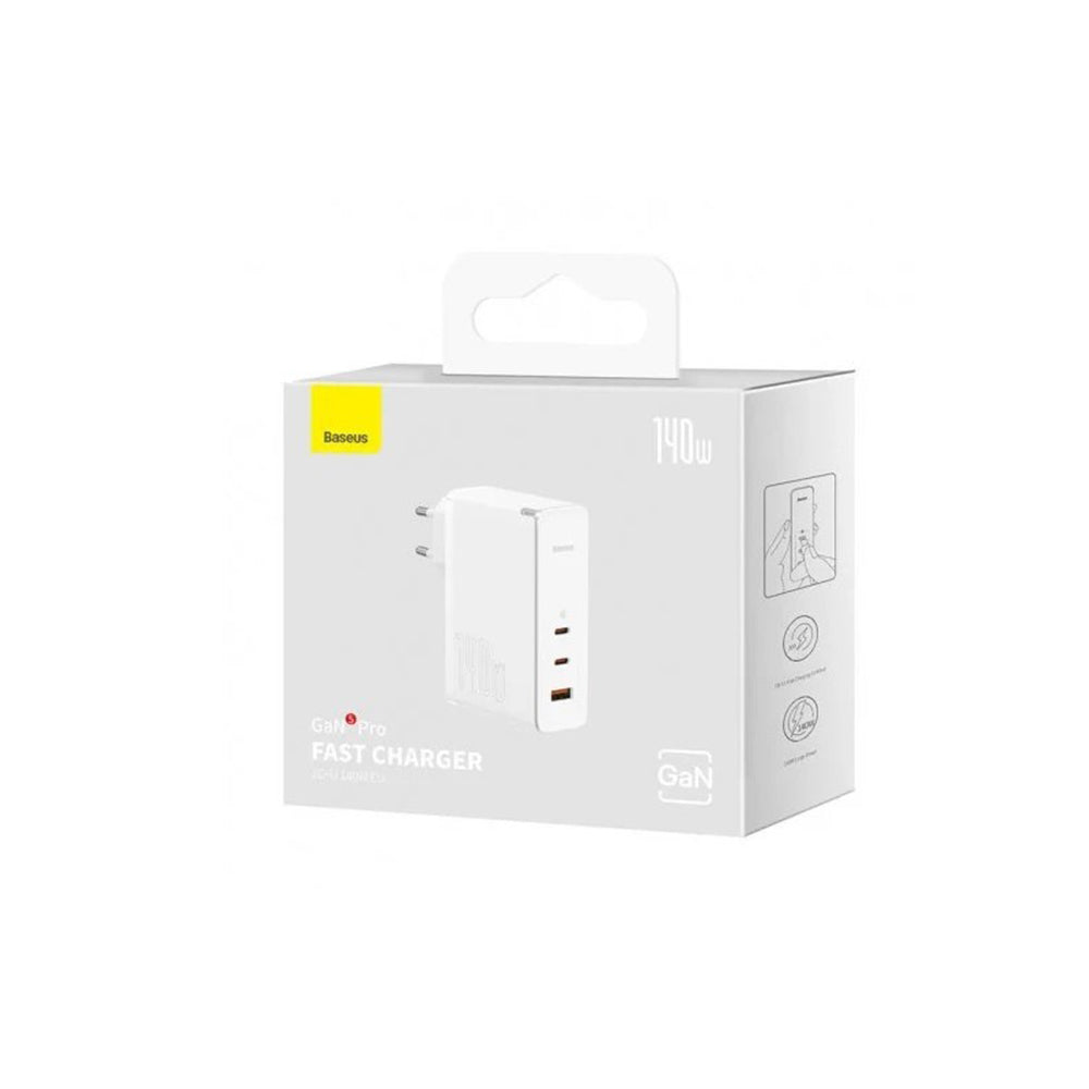 Мрежов зарядно устройство с USB-C кабел Baseus GaN5 Pro, 140W, 5A, 1 x USB-A - 2 x USB-C, Бяло CCGP100202