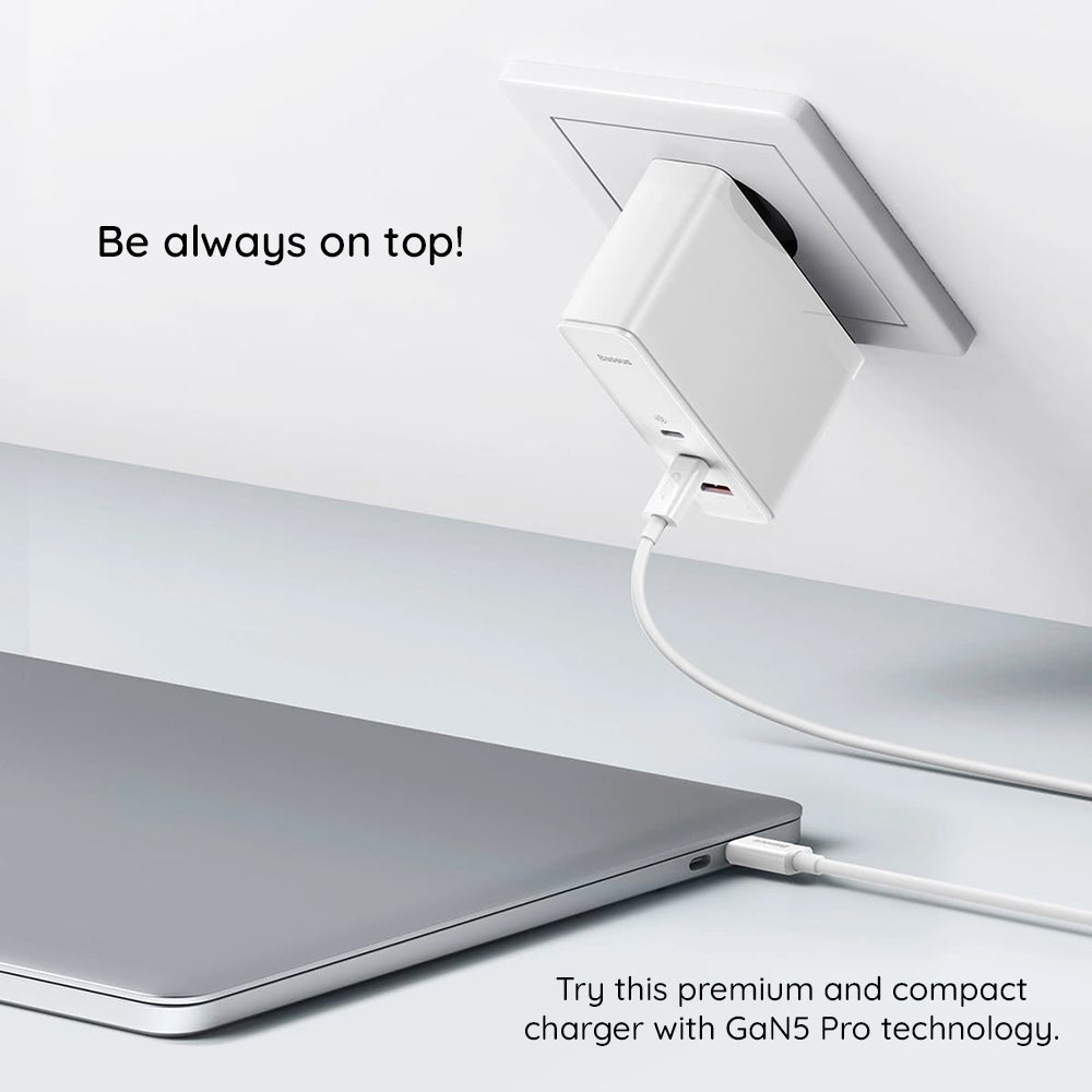 Мрежов зарядно устройство с USB-C кабел Baseus GaN5 Pro, 140W, 5A, 1 x USB-A - 2 x USB-C, Бяло CCGP100202