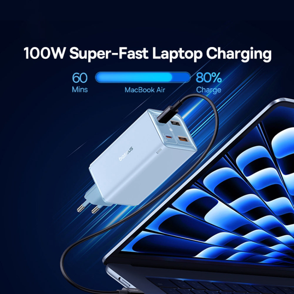 Мрежов зарядно устройство с USB-C кабел Baseus GaN6 Pro, 100W, 3.25A, 2 x USB-A - 2 x USB-C, Синьо P10162705312-00