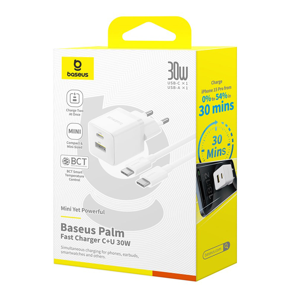 Мрежово зарядно устройство с USB-C кабел Baseus Palm, 30W, 3A, 1 x USB-A - 1 x USB-C, Бяло P1011160A213-01