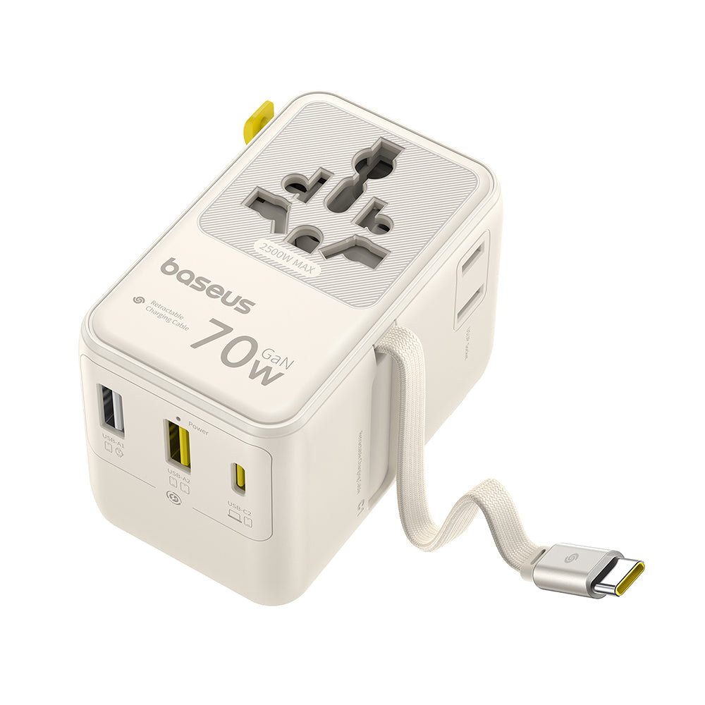 Мрежово зарядно с USB-C кабел Baseus Travel EnerCore CG11, 70W, 2 x контакт - 1 x USB-C - 2 x USB-A, бял E0307E01