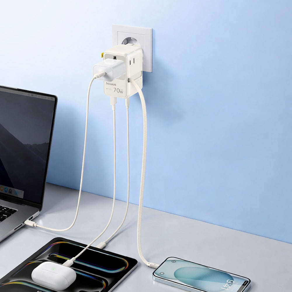 Мрежово зарядно с USB-C кабел Baseus Travel EnerCore CG11, 70W, 2 x контакт - 1 x USB-C - 2 x USB-A, бял E0307E01