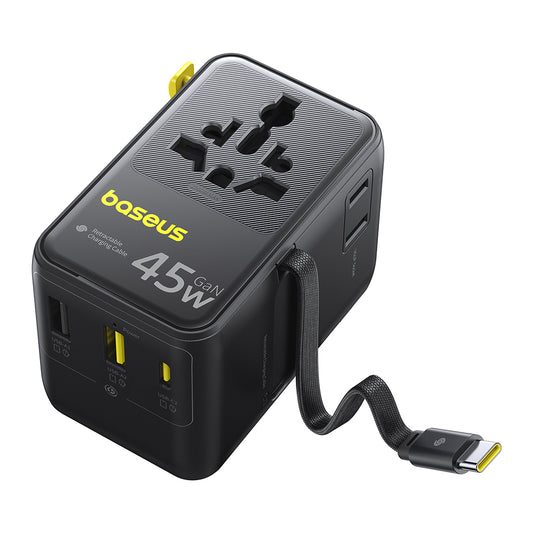 Мрежово зарядно с USB-C кабел Baseus Travel PicoGo AG11, 45W, 2 x контакт - 1 x USB-C - 2 x USB-A, черно E0307F00