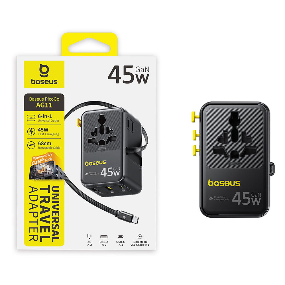 Мрежово зарядно с USB-C кабел Baseus Travel PicoGo AG11, 45W, 2 x контакт - 1 x USB-C - 2 x USB-A, черно E0307F00