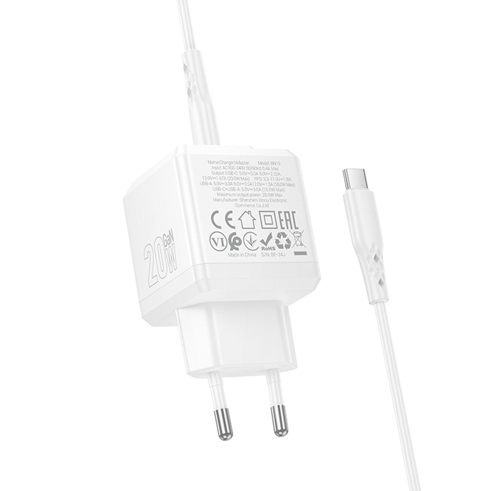 Зарядно за мрежа с USB-C кабел Borofone BN19 Intenso, 20W, 3A, 1 x USB-A - 1 x USB-C, Бяло