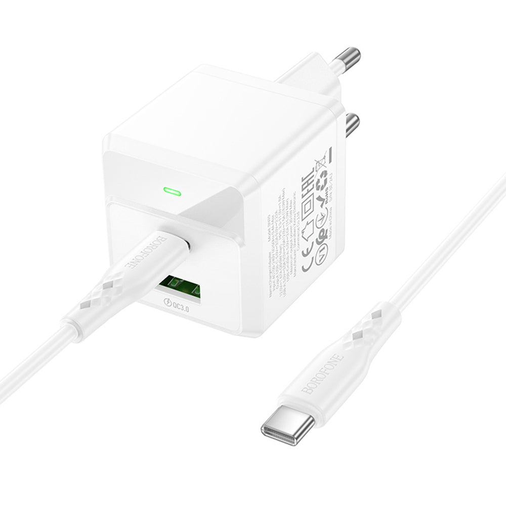 Зарядно за мрежа с USB-C кабел Borofone BN19 Intenso, 20W, 3A, 1 x USB-A - 1 x USB-C, Бяло