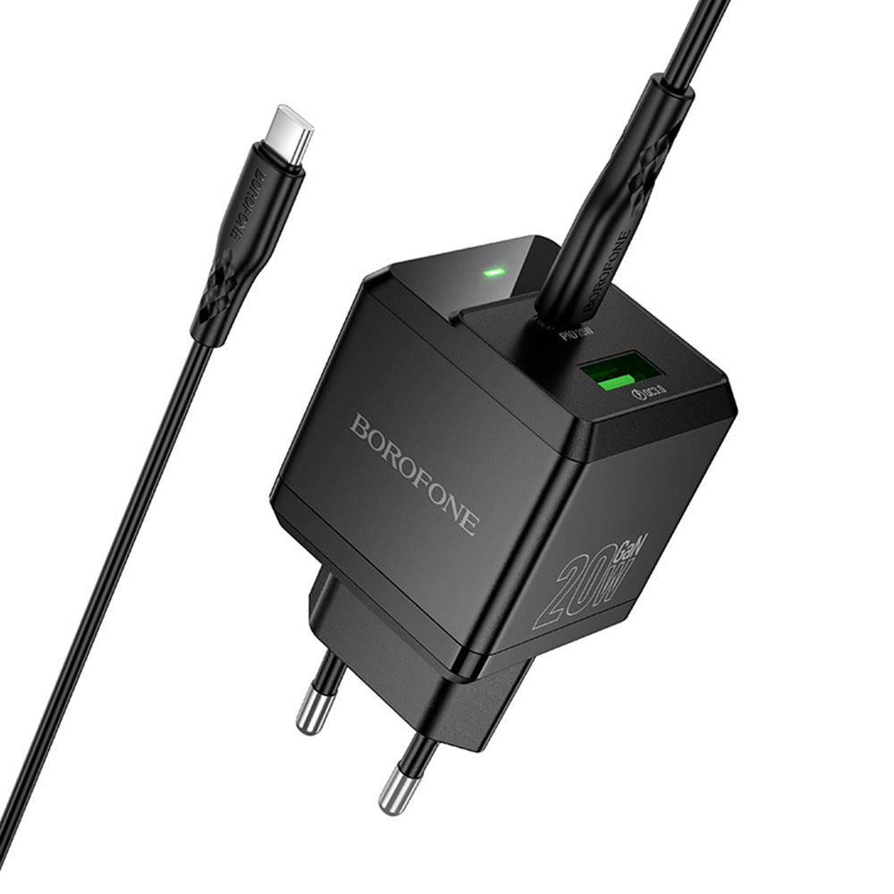 Зарядно за мрежа с USB-C кабел Borofone BN19 Intenso, 20W, 3A, 1 x USB-A - 1 x USB-C, Черно