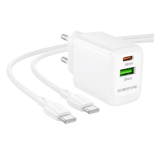 Мрежово зарядно устройство с USB-C кабел Borofone BN27 Fuente, 20W, 3A, 1 x USB-A - 1 x USB-C, Бяло