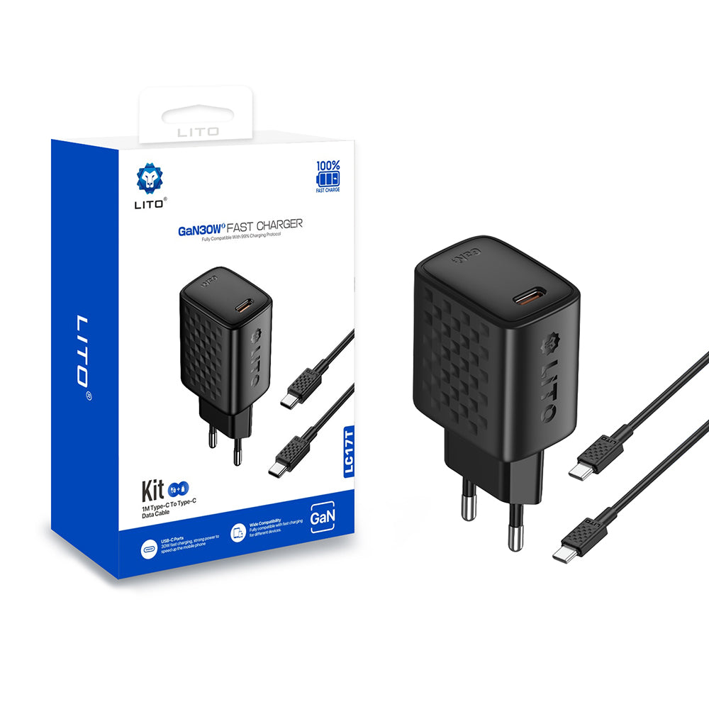 Зарядно за мрежа с USB-C кабел Lito LC17T, 30W, 3A, 1 x USB-C, Черно