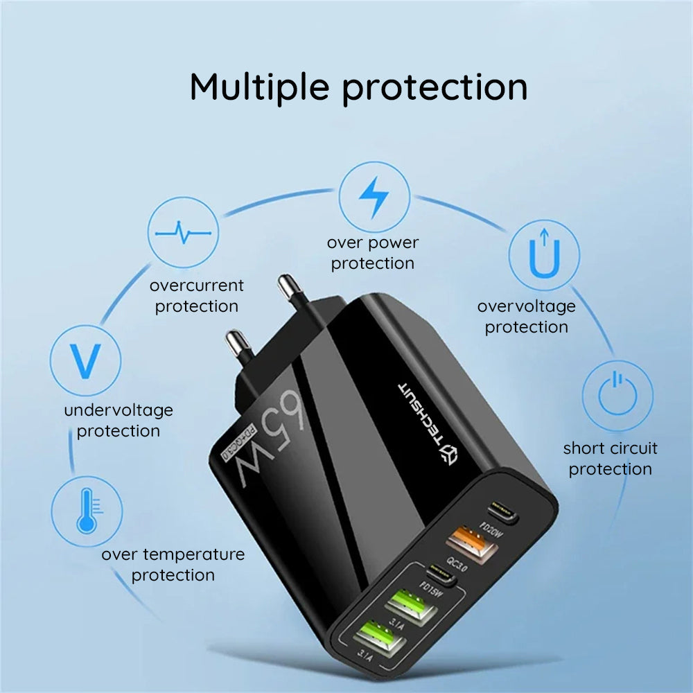 Мрежово зарядно с USB-C кабел Techsuit CHC2 PentaXPower, 20W, 3A, 3 x USB-A - 2 x USB-C, Бяло