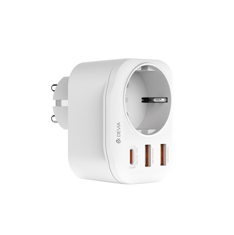 Зарядно за мрежа DEVIA WW09-F-PD, 20W, 3A, 2 x USB-A - 1 x USB-C - 1 x Schuko, Бяло