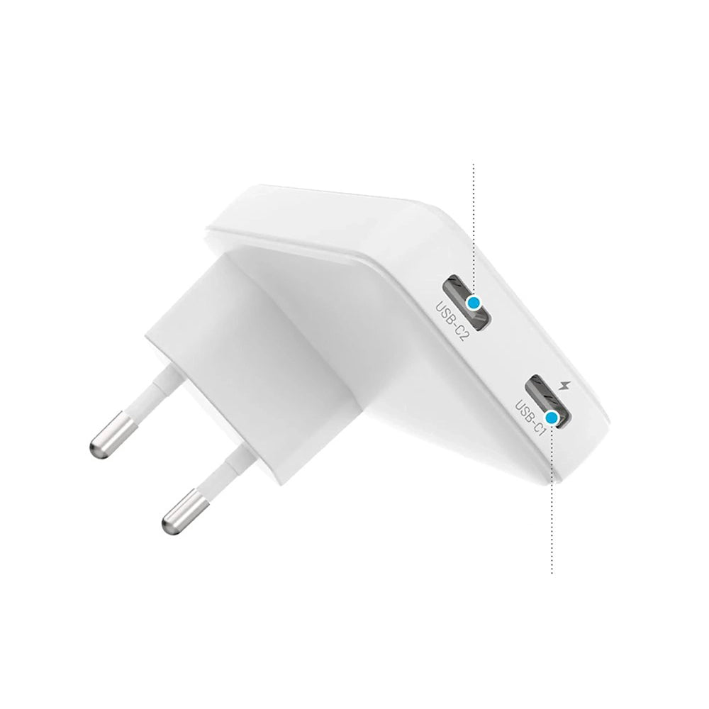 Зарядно устройство Fixed Slim, 45W, 3A, 2 x USB-C, Бяло