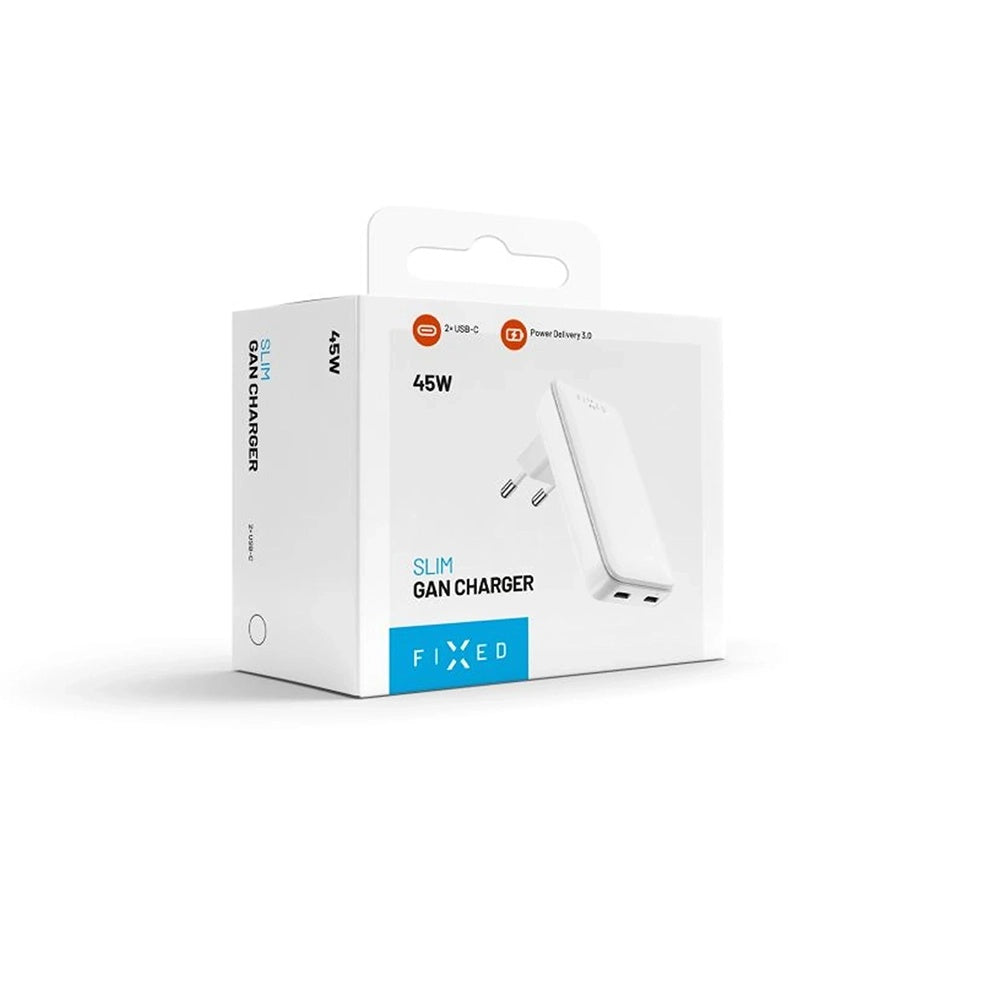 Зарядно устройство Fixed Slim, 45W, 3A, 2 x USB-C, Бяло
