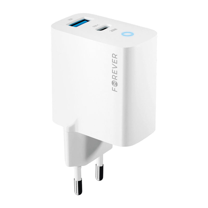 Мрежово зарядно устройство Forever TC-06-20AC, 20W, 3A, 1 x USB-A - 1 x USB-C, бяло