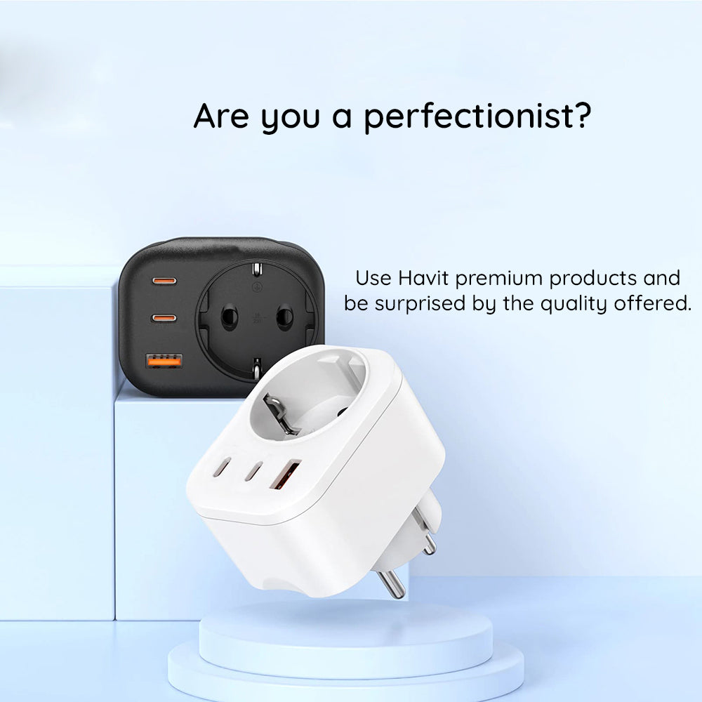 Зарядно устройство за мрежа HAVIT UC142, 30W, 3A, 1 x USB-A - 2 x USB-C - 1 x Schuko, Черно