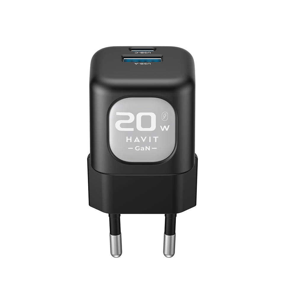 Зарядно за мрежа HAVIT UC220, 20W, 3A, 1 x USB-A - 1 x USB-C, Черно Сиво