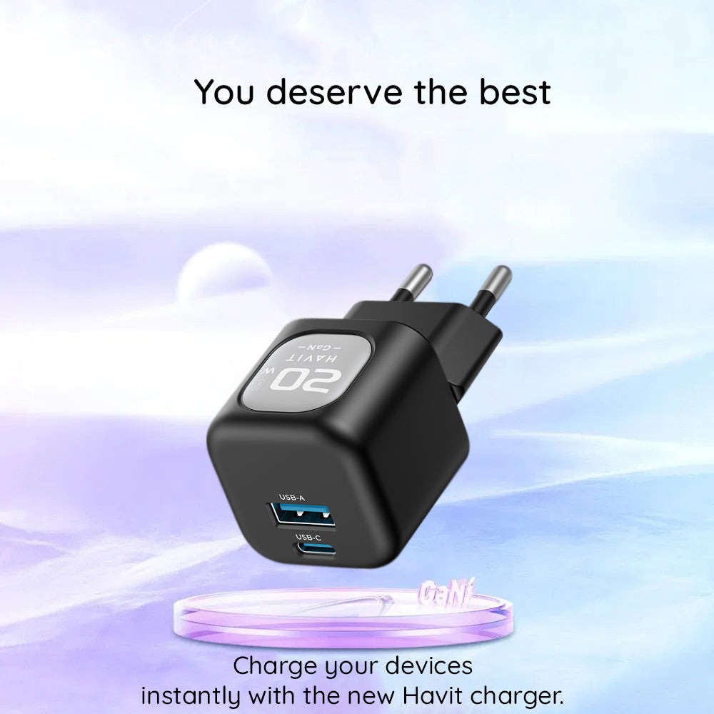 Зарядно за мрежа HAVIT UC220, 20W, 3A, 1 x USB-A - 1 x USB-C, Черно Сиво