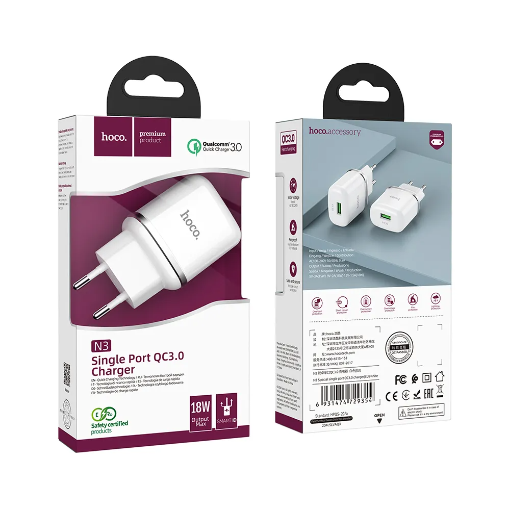 Мрежово зарядно HOCO N3, 18W, 3A, 1 x USB-A, бяло