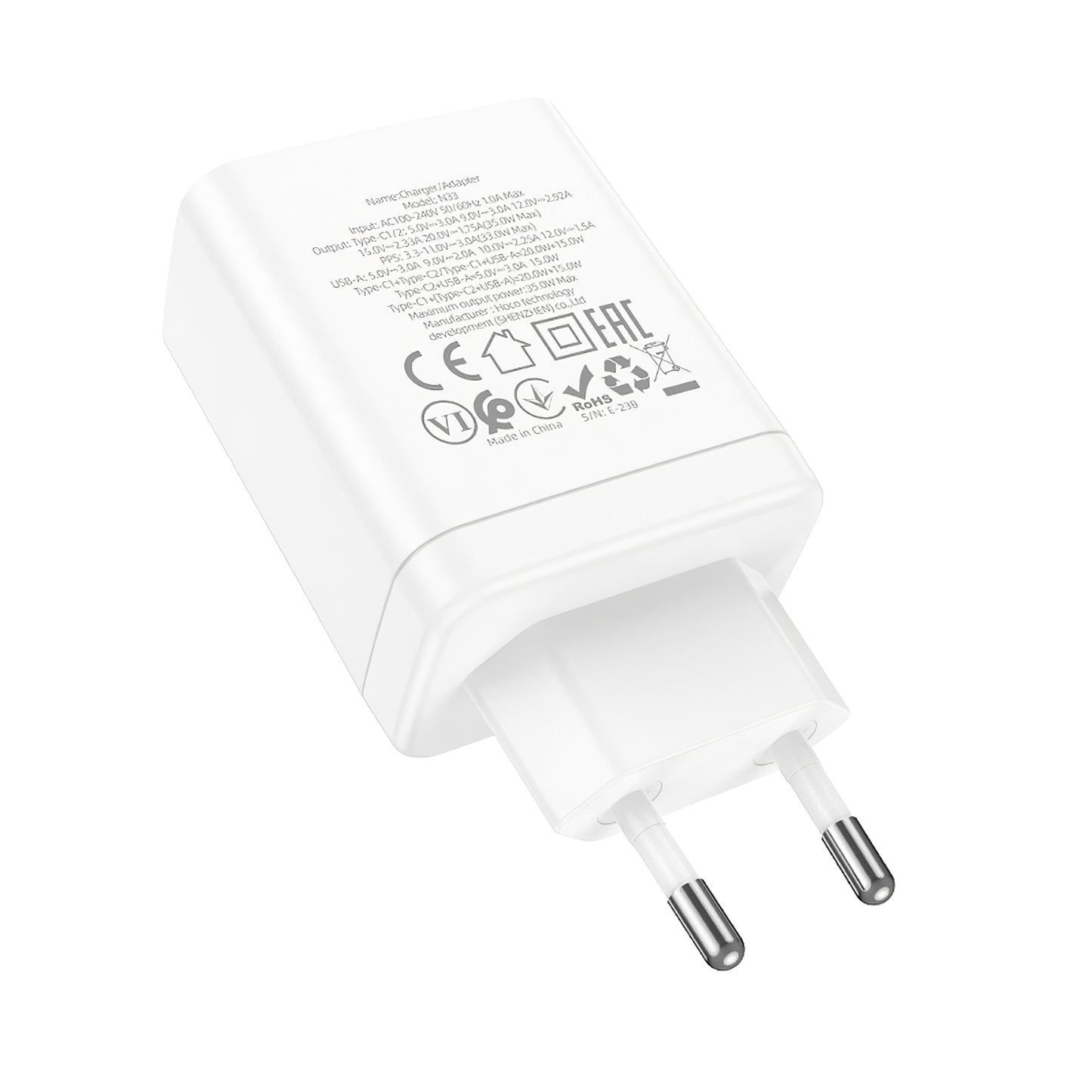 Мрежово зарядно устройство HOCO N33, 35W, 3A, 1 x USB-A - 2 x USB-C, бяло