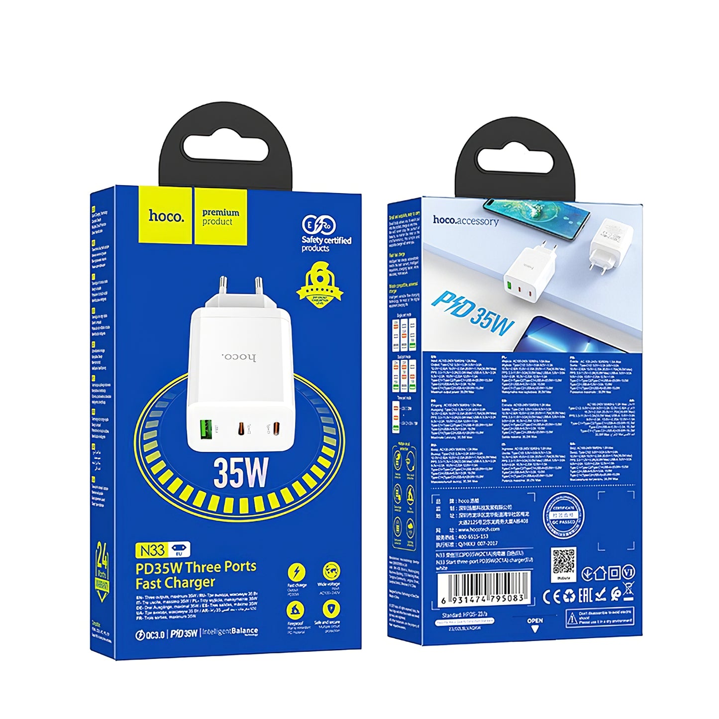 Мрежово зарядно устройство HOCO N33, 35W, 3A, 1 x USB-A - 2 x USB-C, бяло