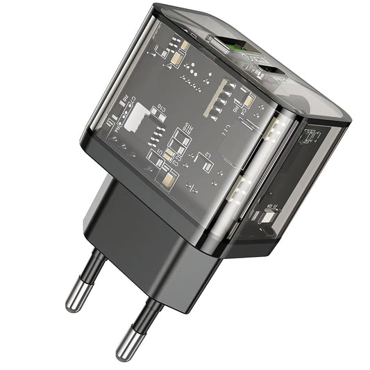 Зарядно устройство за мрежа HOCO N34, 20W, 3A, 1 x USB-A - 1 x USB-C, Прозрачно
