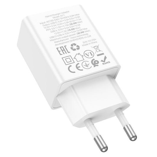 Зарядно устройство за мрежа HOCO N71, 30W, 3A, 1 x USB-A - 1 x USB-C, Бяло