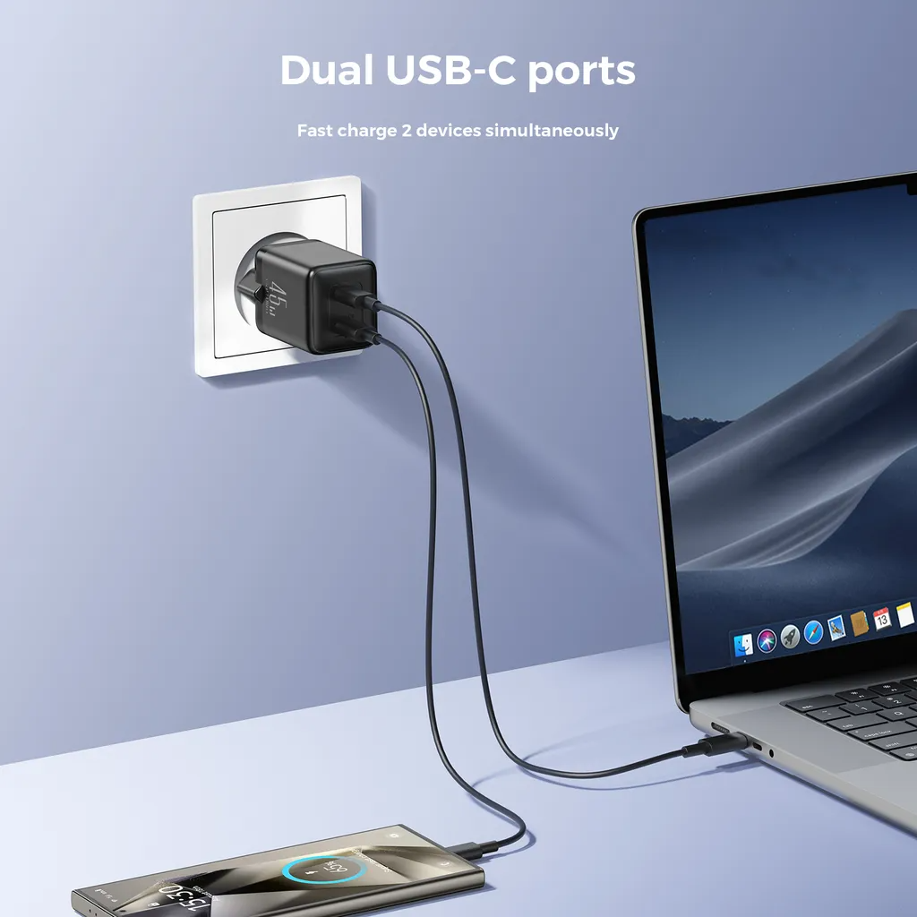 Зарядно устройство за мрежа Joyroom JR-TCG17, 45W, 3A, 2 x USB-C, Черно