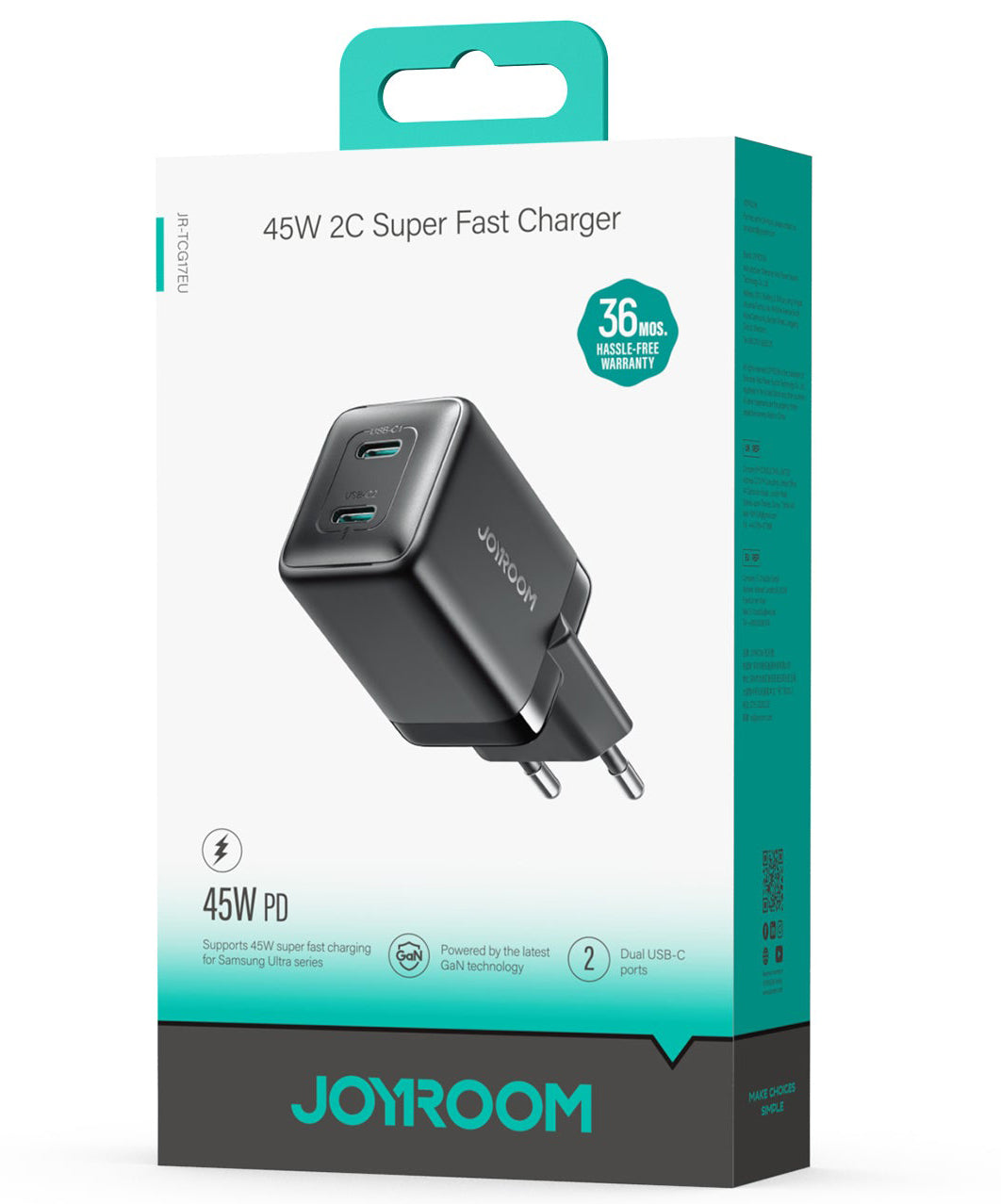 Зарядно устройство за мрежа Joyroom JR-TCG17, 45W, 3A, 2 x USB-C, Черно