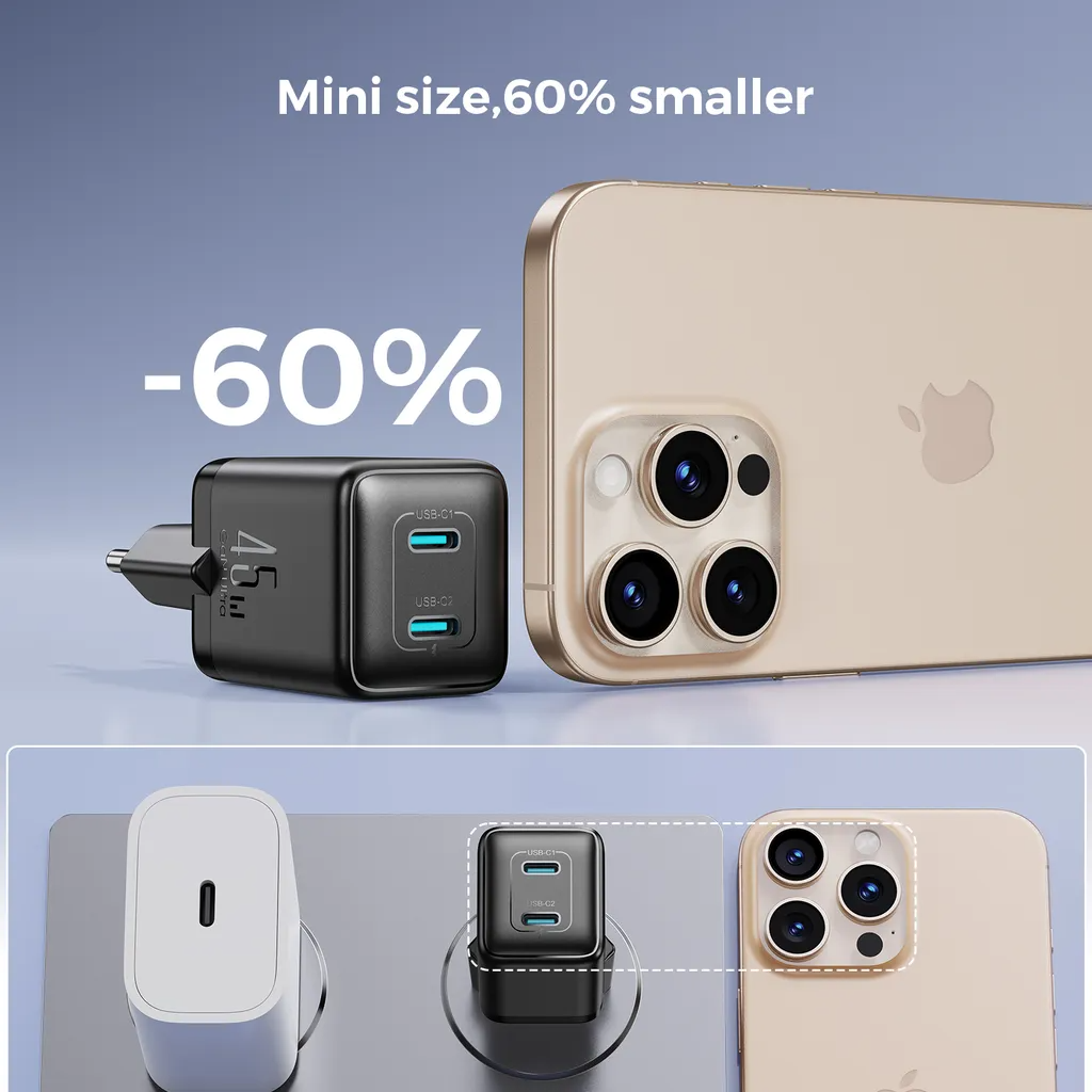 Зарядно устройство за мрежа Joyroom JR-TCG17, 45W, 3A, 2 x USB-C, Черно