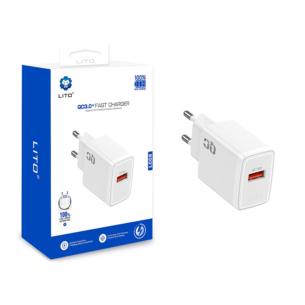Зарядно устройство за мрежа Lito LC08, 18W, 3A, 1 x USB-A, Бяло