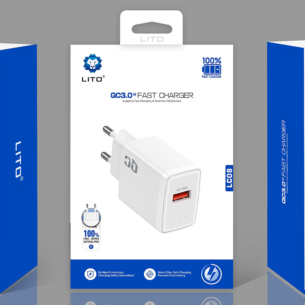 Зарядно устройство за мрежа Lito LC08, 18W, 3A, 1 x USB-A, Бяло