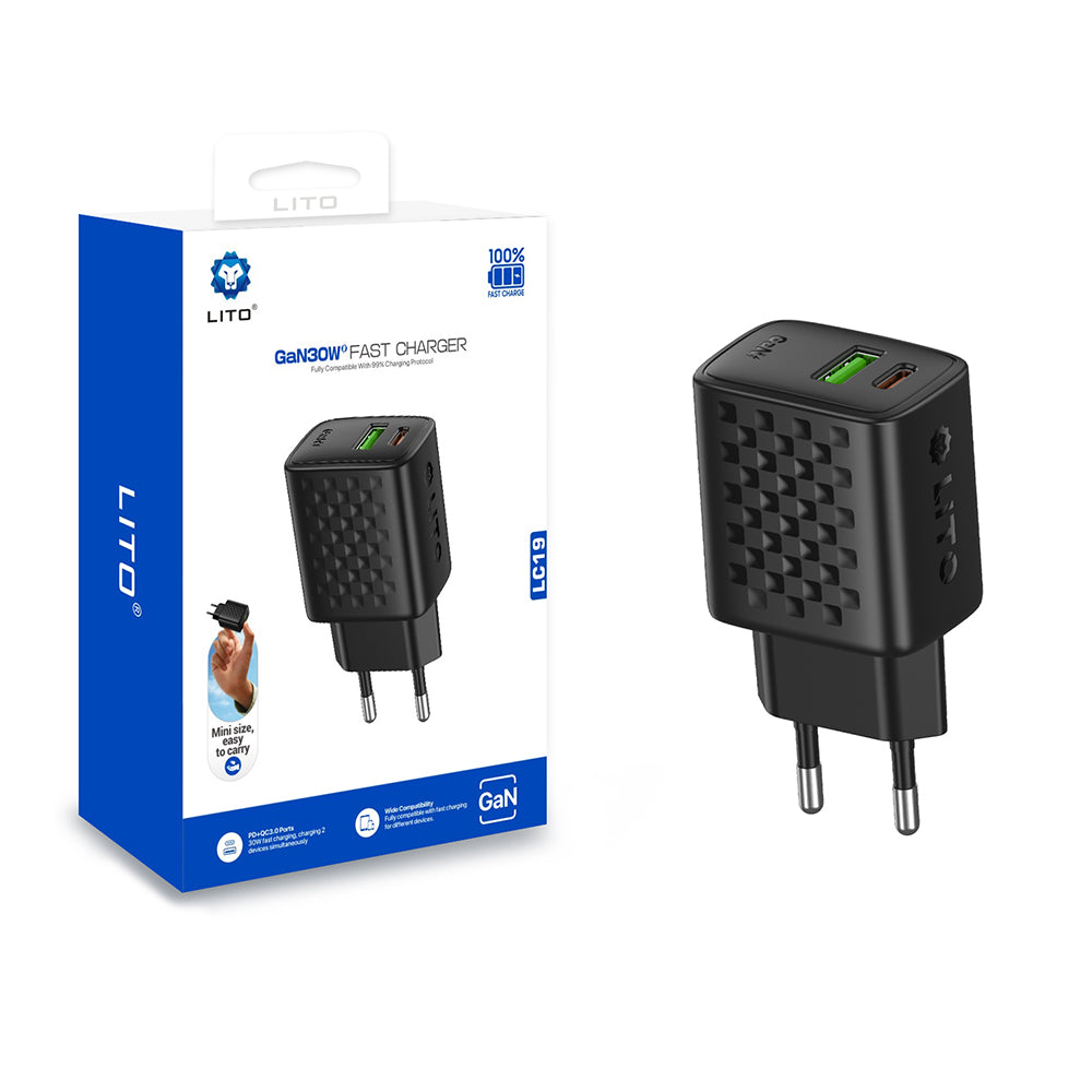 Зарядно устройство за мрежа Lito LC19, 30W, 3A, 1 x USB-A - 1 x USB-C, Черно