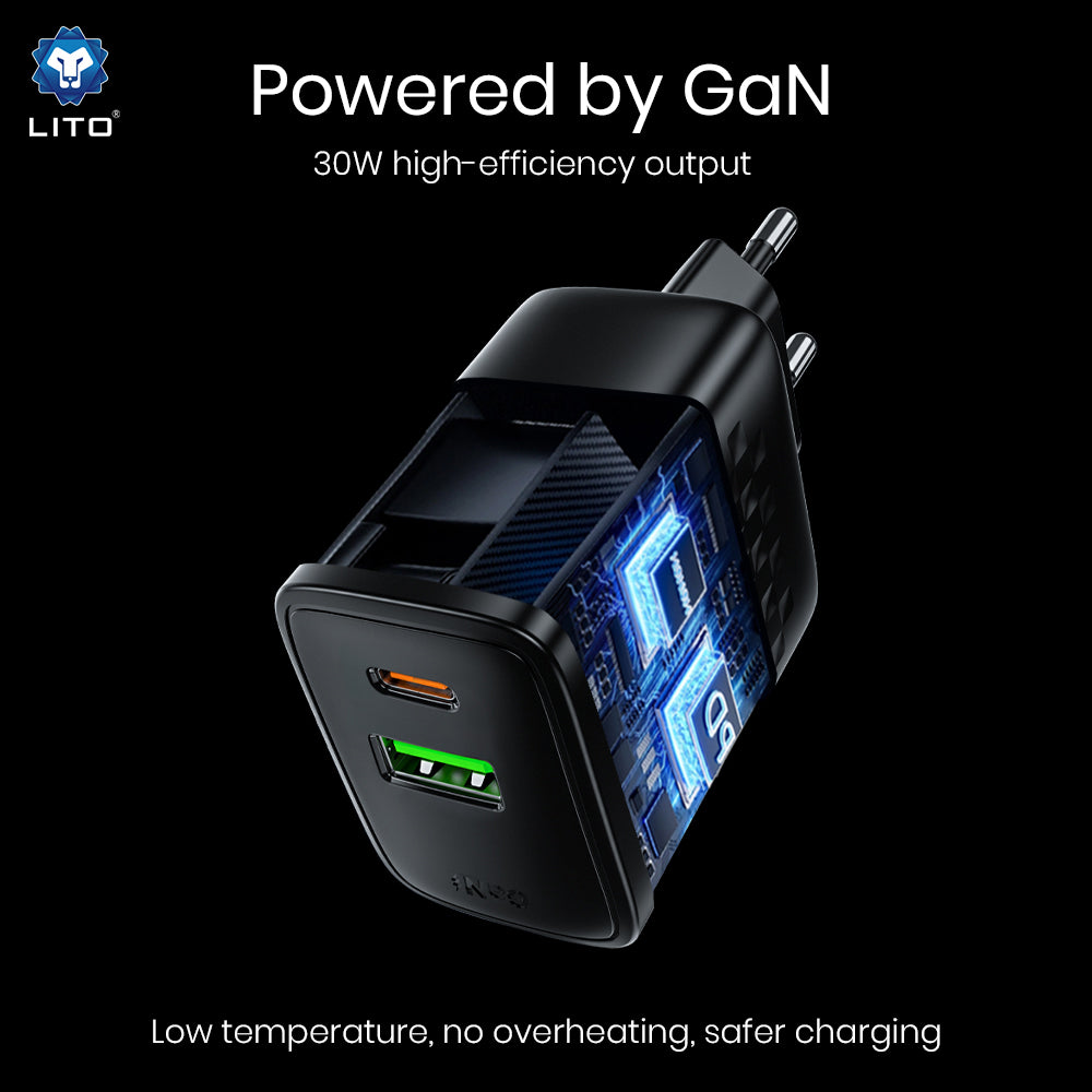 Зарядно устройство за мрежа Lito LC19, 30W, 3A, 1 x USB-A - 1 x USB-C, Черно