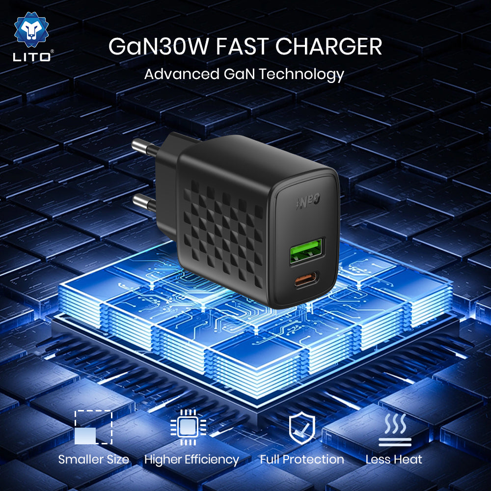 Зарядно устройство за мрежа Lito LC19, 30W, 3A, 1 x USB-A - 1 x USB-C, Черно