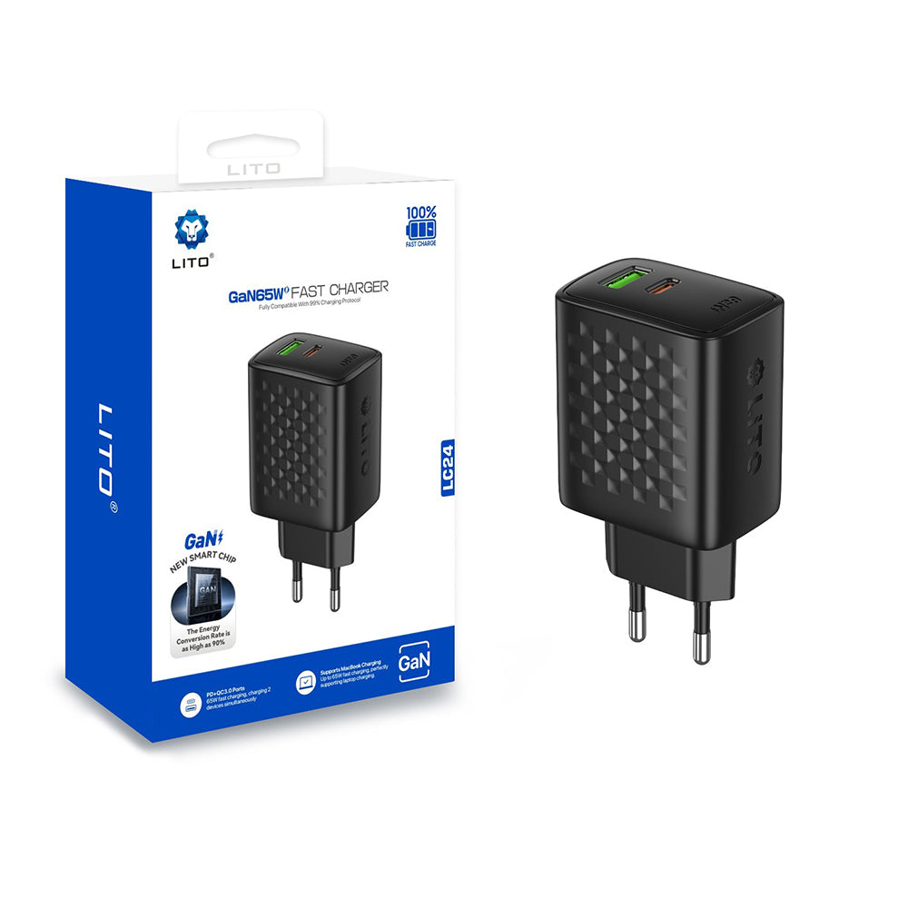 Зарядно устройство за мрежа Lito LC24, 65W, 3.25A, 1 x USB-A - 1 x USB-C, Черно