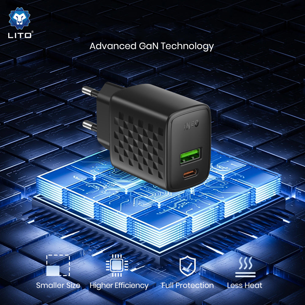 Зарядно устройство за мрежа Lito LC24, 65W, 3.25A, 1 x USB-A - 1 x USB-C, Черно