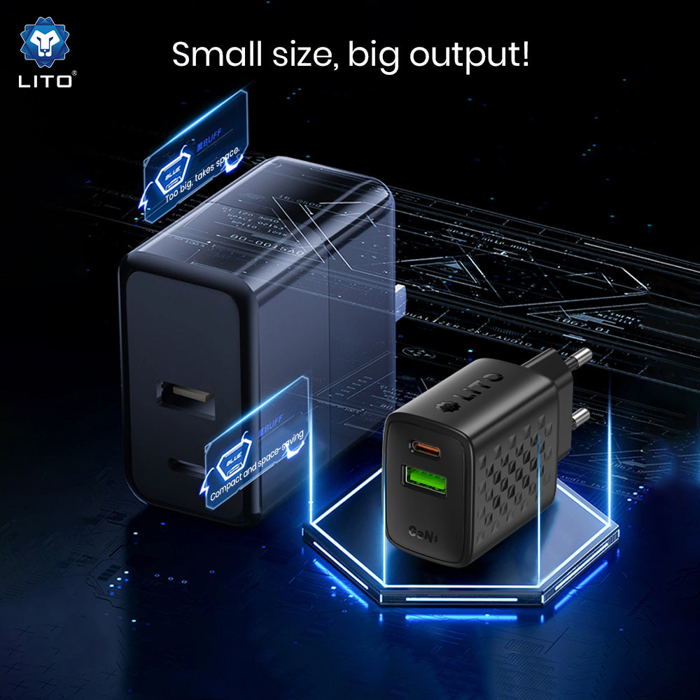 Зарядно устройство за мрежа Lito LC24, 65W, 3.25A, 1 x USB-A - 1 x USB-C, Черно