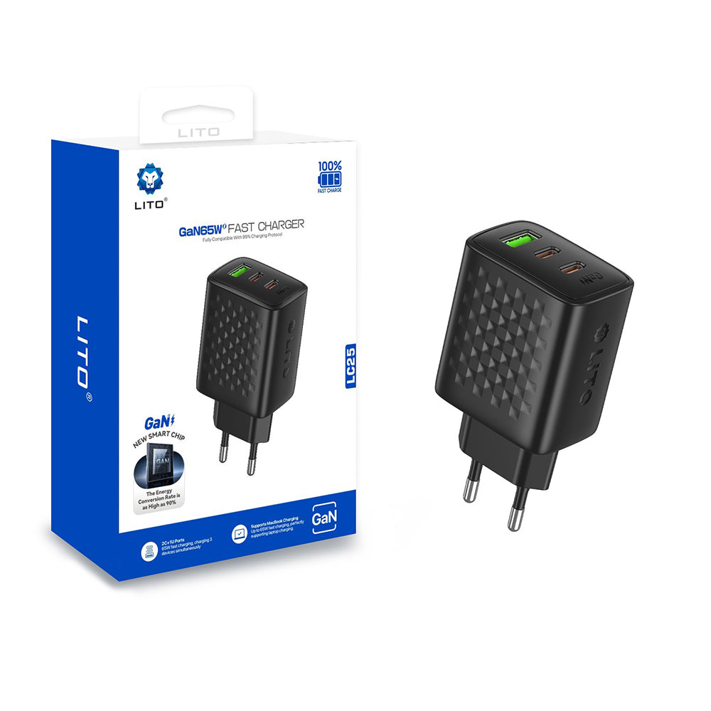 Зарядно устройство за мрежа Lito LC25, 65W, 3.25A, 1 x USB-A - 2 x USB-C, Черно