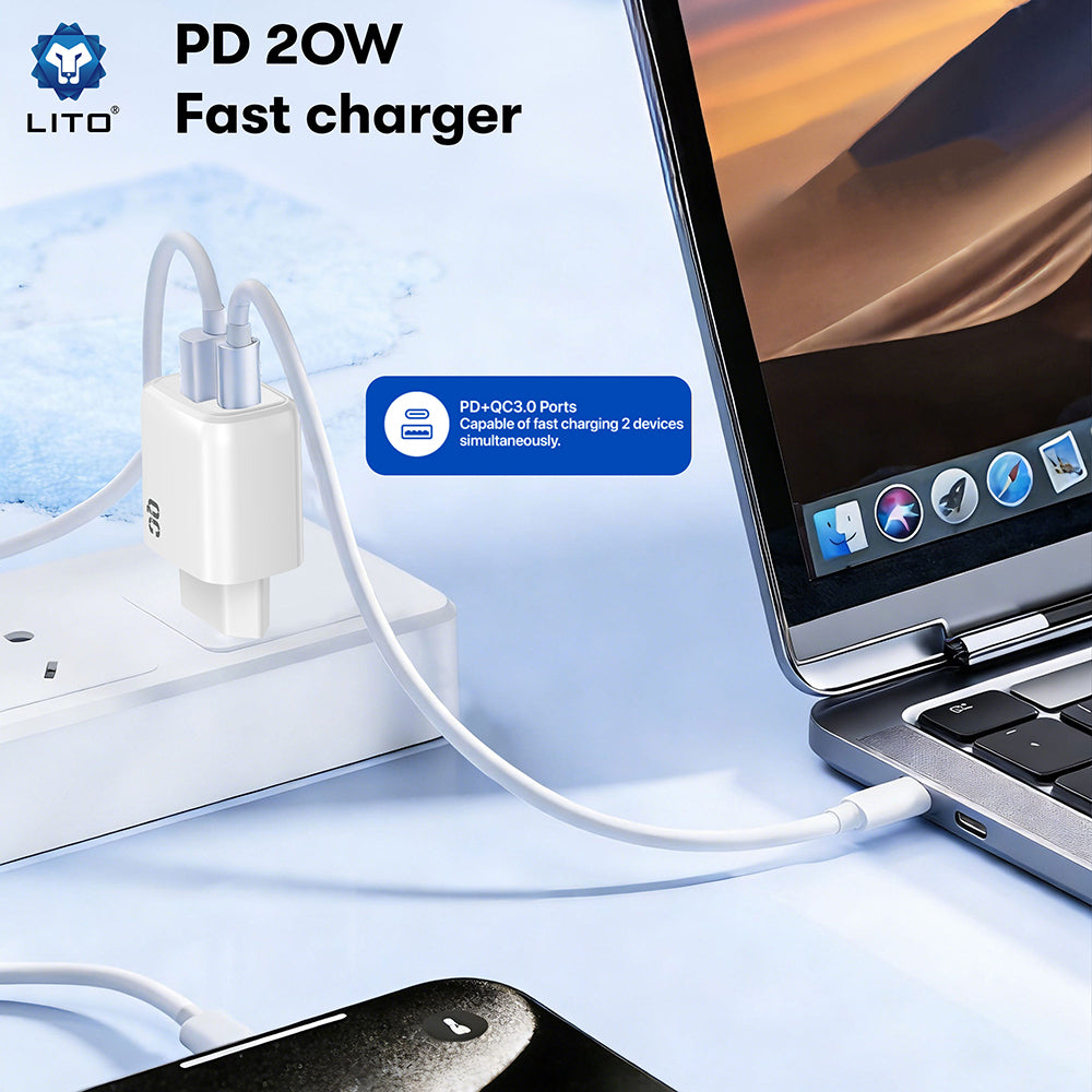 Зарядно за мрежа Lito LC28, 20W, 3A, 1 x USB-A - 1 x USB-C, Бяло