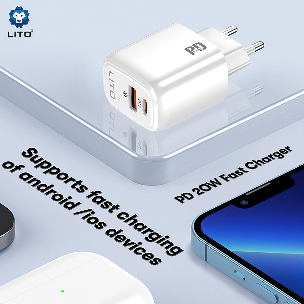 Зарядно за мрежа Lito LC28, 20W, 3A, 1 x USB-A - 1 x USB-C, Бяло