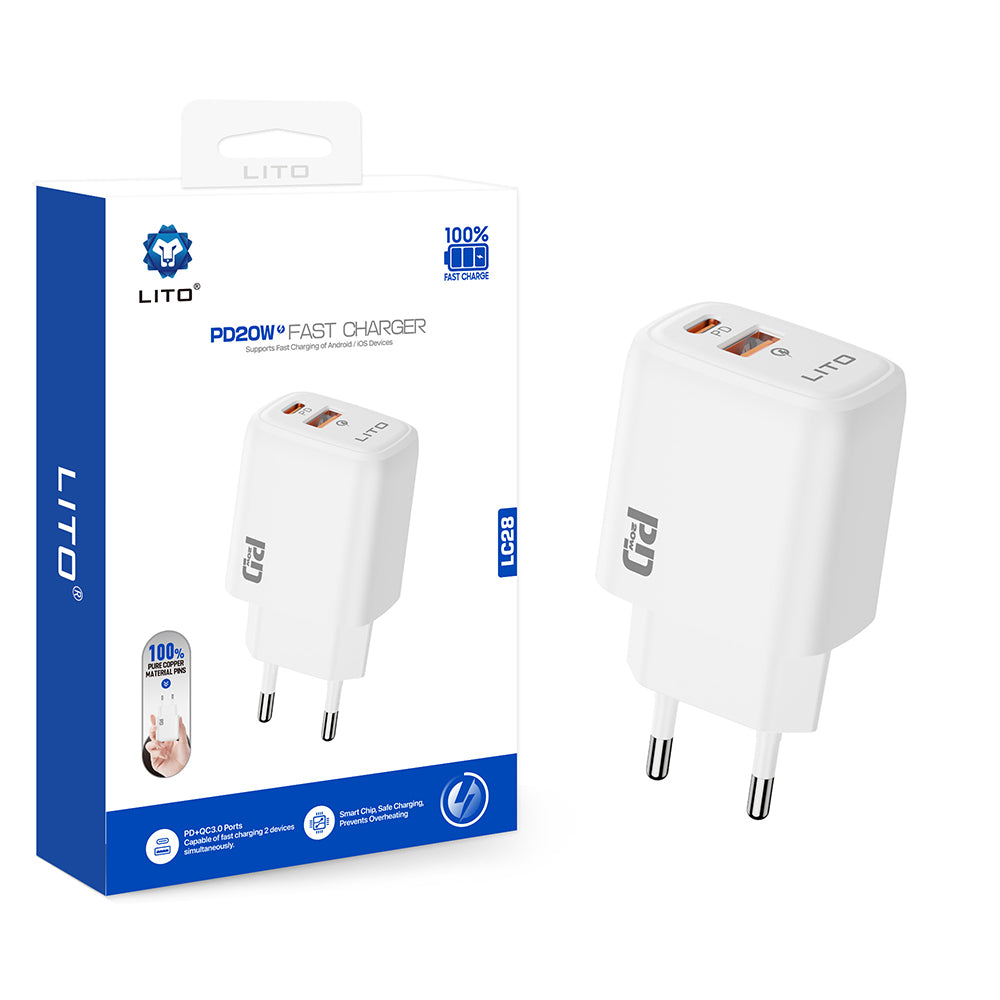 Зарядно за мрежа Lito LC28, 20W, 3A, 1 x USB-A - 1 x USB-C, Бяло