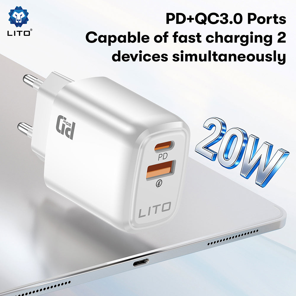 Зарядно за мрежа Lito LC28, 20W, 3A, 1 x USB-A - 1 x USB-C, Бяло