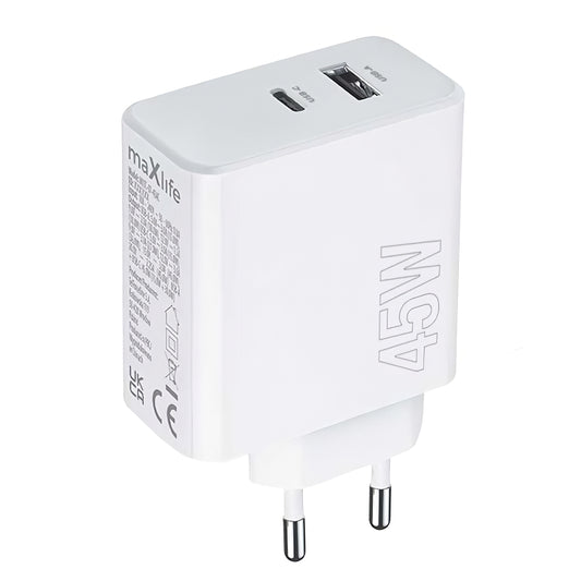 Мрежово зарядно устройство MaXlife MXTC-07-45AC, 45W, 3A, 1 x USB-A - 1 x USB-C, бяло