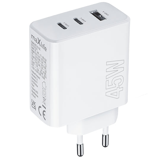 Мрежово зарядно устройство MaXlife MXTC-07-45ACC, 45W, 3A, 1 x USB-A - 2 x USB-C, бяло