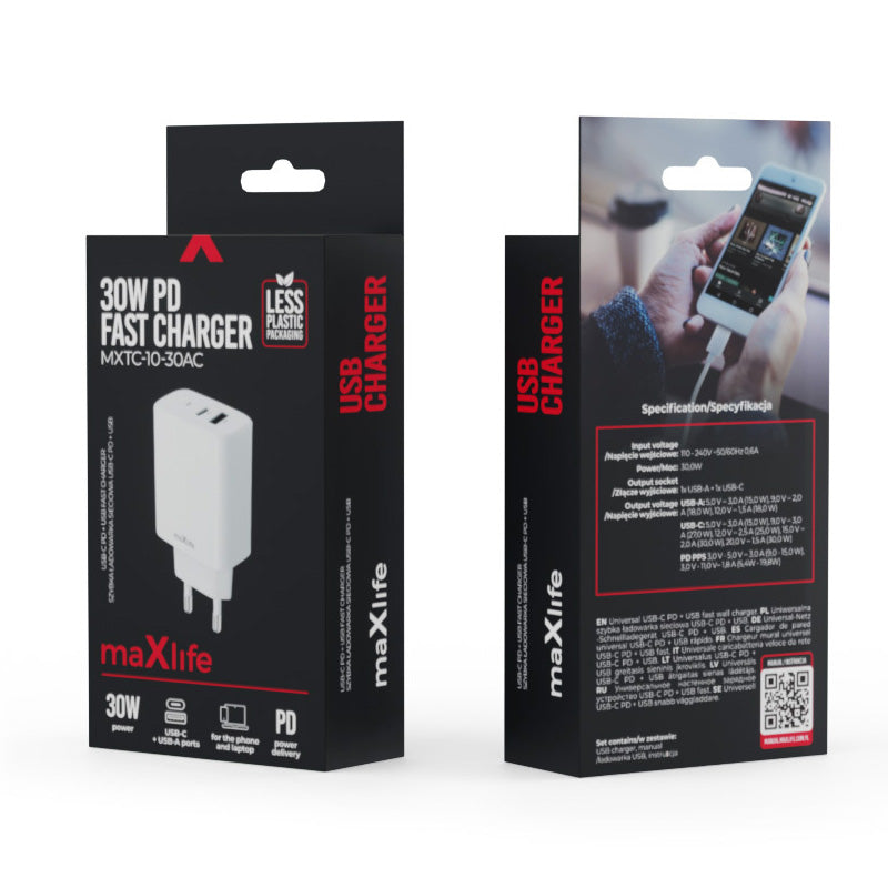 Мрежово зарядно устройство MaXlife MXTC-10-30AC, 30W, 3A, 1 x USB-A - 1 x USB-C, бяло