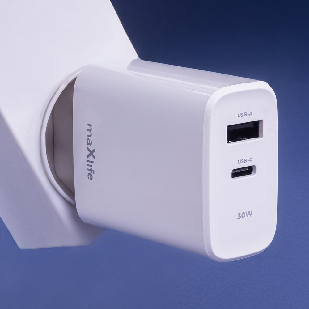 Мрежово зарядно устройство MaXlife MXTC-10-30AC, 30W, 3A, 1 x USB-A - 1 x USB-C, бяло