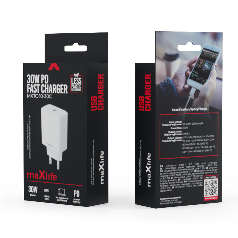 Мрежово зарядно устройство MaXlife MXTC-10-30C, 30W, 3A, 1 x USB-C, бяло