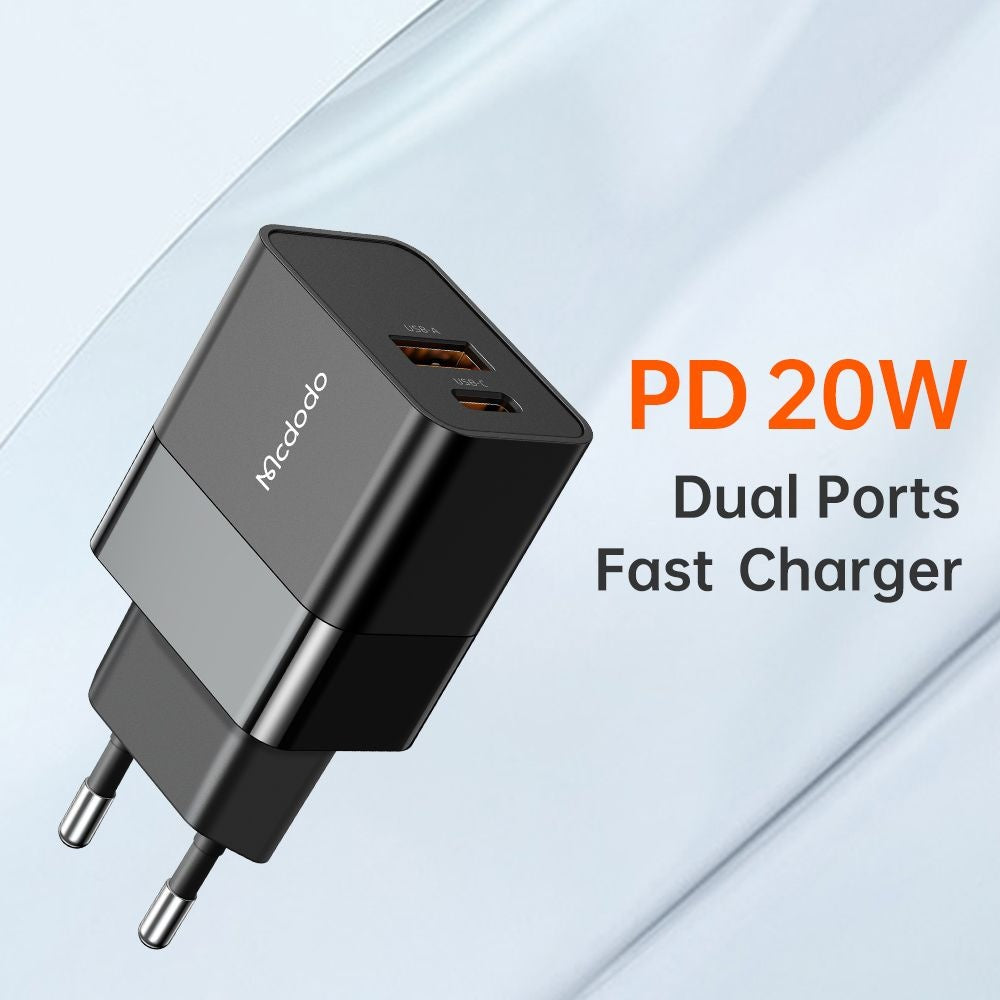 Мрежово зарядно устройство McDodo CH-1951 Hydrogen, 20W, 3A, 1 x USB-A - 1 x USB-C, Черно